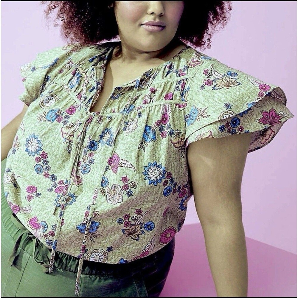 Lane Bryant Double-Tie Neck Blouse Women 28 Woven Double Layer Ruffle Sleeves